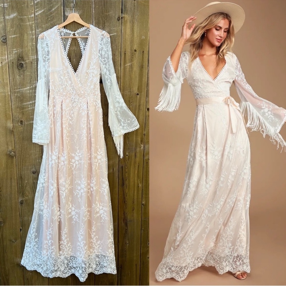 White and Cream Embroidered Lace Fringe Maxi Dress 🌿